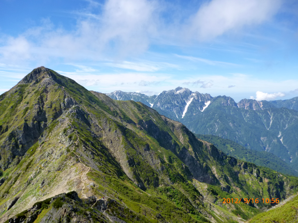  振り返って、南峰、右奥に剱岳