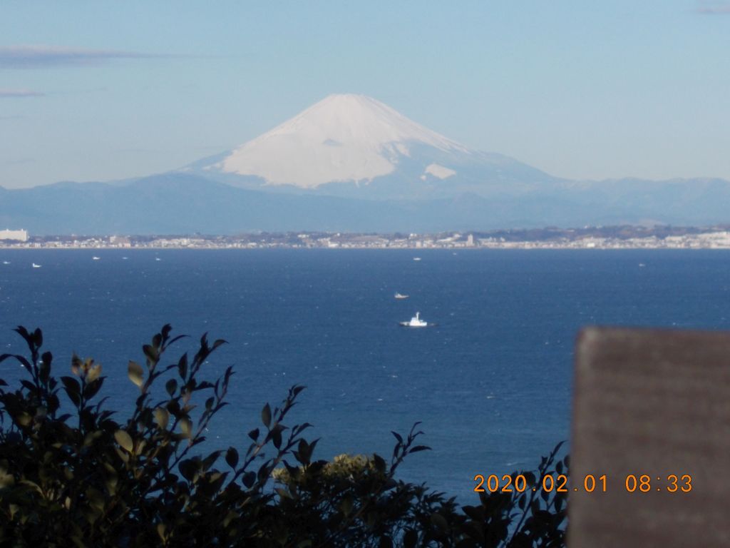 観月台から東京湾の向こうに富士山が