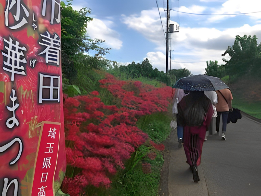 曼殊沙華まつりで賑う道を高麗駅向かう